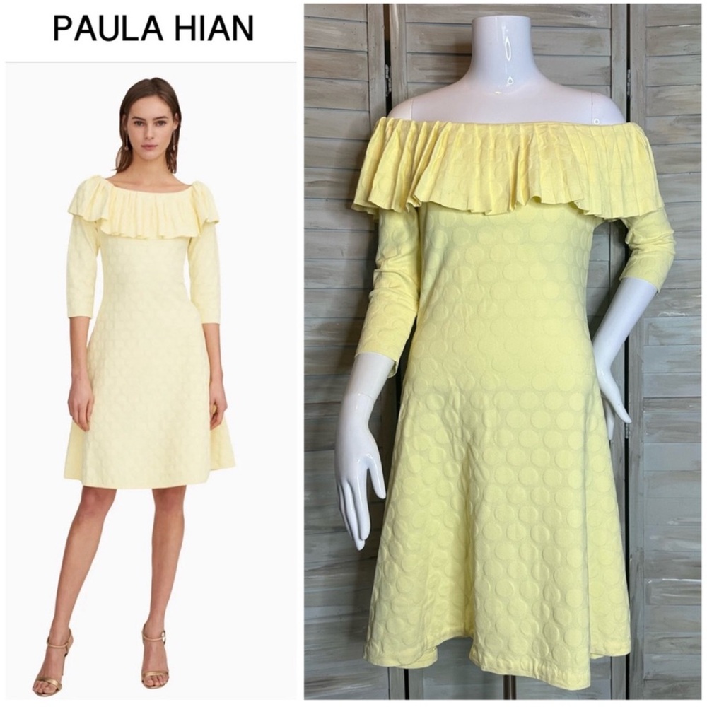 Paula Hian Yellow Henrietta Polka Dot Bardot Off-Shoulder Ruffle Dress Medium